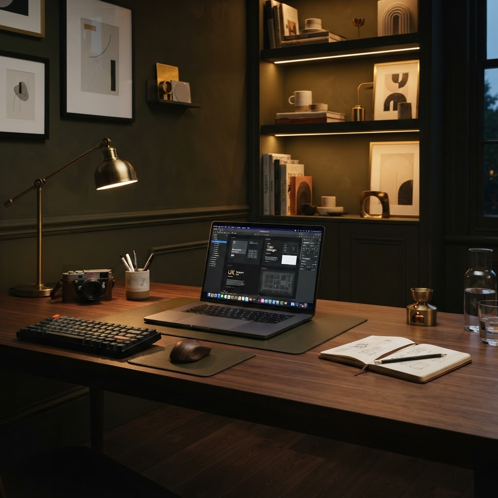 A premium creative workspace with warm gold lighting